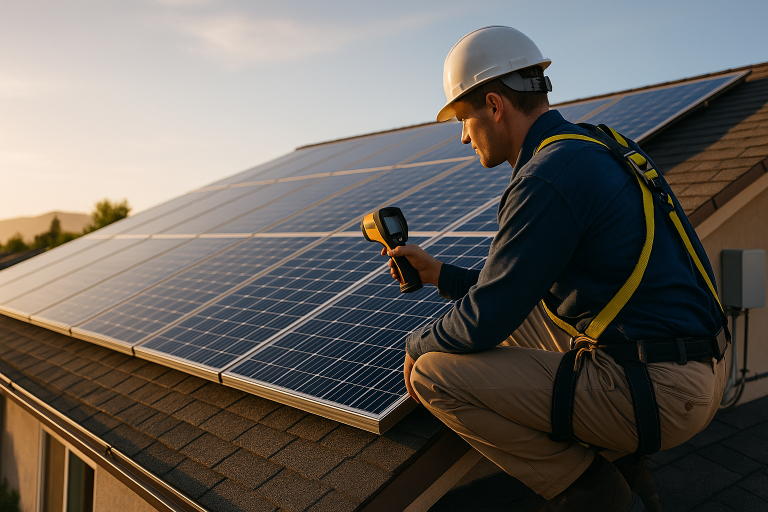 Solar technician in a hard hat uses an infrared camera to inspect rooftop photovoltaic panels in warm early light.